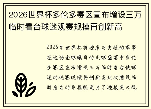 2026世界杯多伦多赛区宣布增设三万临时看台球迷观赛规模再创新高