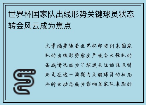 世界杯国家队出线形势关键球员状态转会风云成为焦点