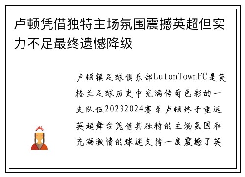 卢顿凭借独特主场氛围震撼英超但实力不足最终遗憾降级 卢顿凭借独特主场氛围震撼英超但实力不足最终遗憾降级